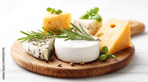 A beautifully arranged cheese platter featuring various cheeses, garnished with fresh herbs on a wooden board.