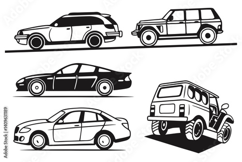 Car Illustrations Vector Set Black and White Line Art