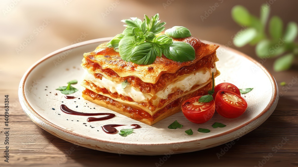 A delicious serving of lasagna topped with fresh basil, accompanied by cherry tomatoes, on a rustic plate. A delicious serving of lasagna topped with fresh basil, accompanied by cherry tomatoes, on a rustic plate.
