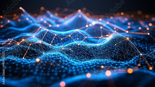 Abstract Digital Network Data Flow, Blue Orange Glowing Lines