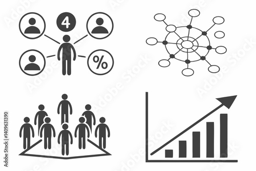 Flat Design Business Growth Team Network Data Chart Icons Set