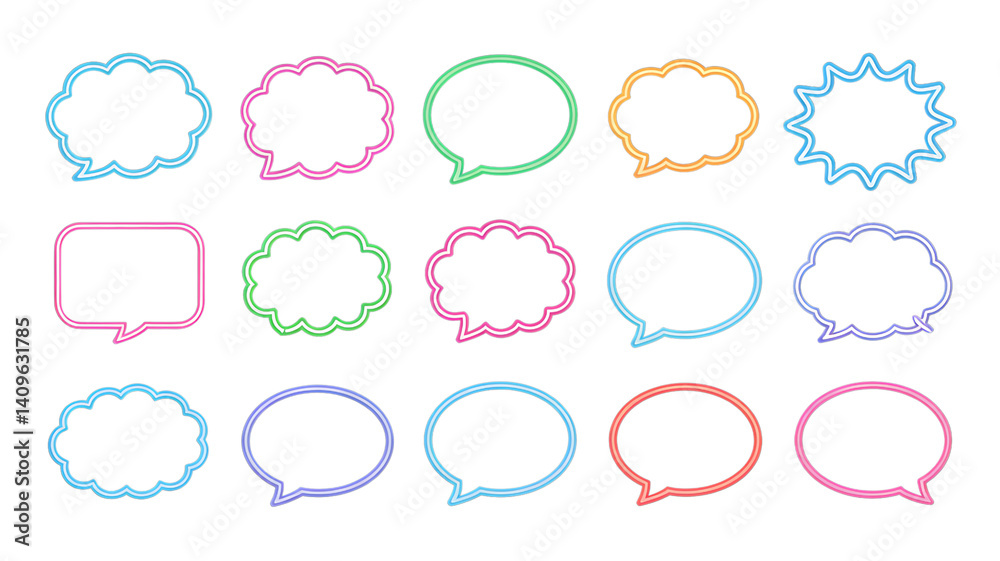 Collection of colorful neon speech bubbles and text boxes, ideal for communication design. Collection of colorful neon speech bubbles and text boxes, ideal for communication design.