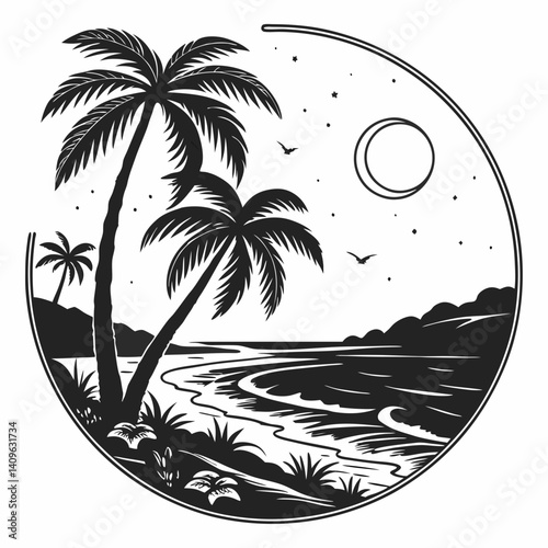 Vintage Retro Black and White Tropical Beach Palm Trees Ocean Moonlit Night Silhouette Circle Vector Art