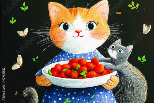 A cat holds a plate of vegetables in a cozy home setting