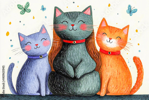 Three cats watching butterflies in a cozy home setting