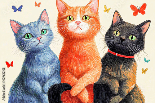 Three cats watching butterflies in a cozy home setting