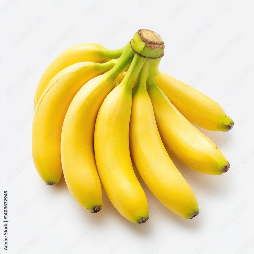 A bunch of yellow bananas clustered together on a plain white surface top view A bunch of yellow bananas clustered together on a plain white surface top view