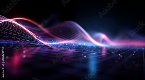 Neon Blue And Pink Grid With Futuristic, Glowing Lines On Dark Background, Digital Art