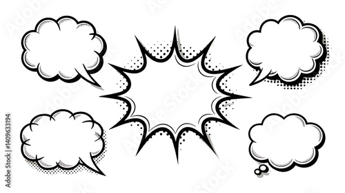 Collection of various comic book style speech bubbles with different shapes and sizes.