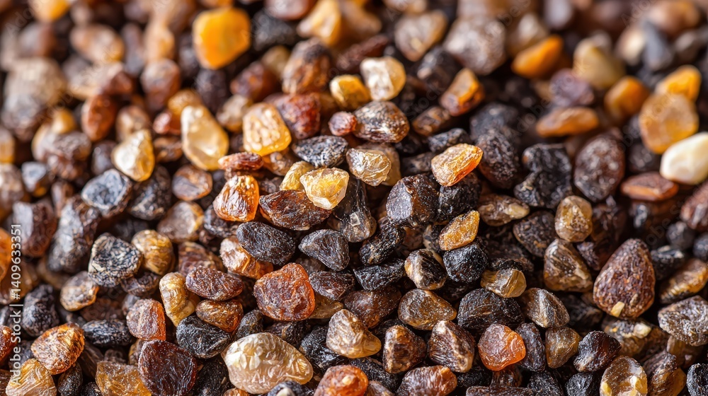 Fototapeta premium A close-up detailed shot reveals a textured pile of small, dark brown and amber-colored stones, showcasing their unique shapes and variations in color and translucency.
