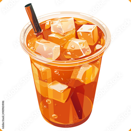 Iced Thai tea with ice cubes in plastic cup, refreshing summer drink, colorful vector illustration. 
Flat Vector Illustration on the white background. Vector EPS 10