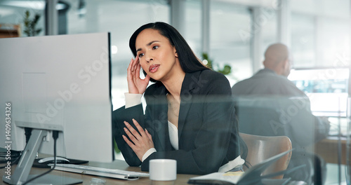 Business, computer and woman with headache of reading legal research, dispute resolution fail and fatigue. Consultant, employee and tension migraine with deadline pressure, pain and corporate stress