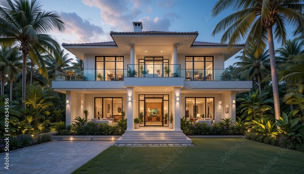 Obraz premium Elegant two-story home with lush tropical landscaping, featuring a balcony and a grand entrance. A luxurious living space.