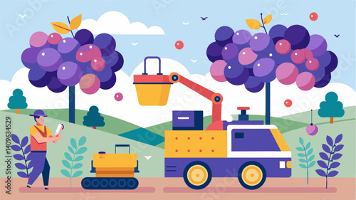 Autonomous g harvesting machines gently pick and sort the ripe fruit reducing labor costs and ensuring a consistent quality of gs.. Vector illustration