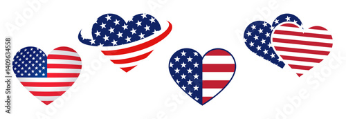 USA american flag in heart shape symbol flag set tshirt graphic design vector on transparent background
