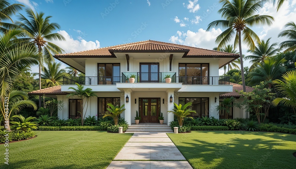Naklejka premium Stately two-story home, framed by swaying palms, embodying luxury living under sunny skies, with a well-manicured lawn.