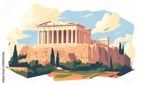 Flat Minimalist Vector of Acropolis in Athens Greece Ancient Monument Illustration