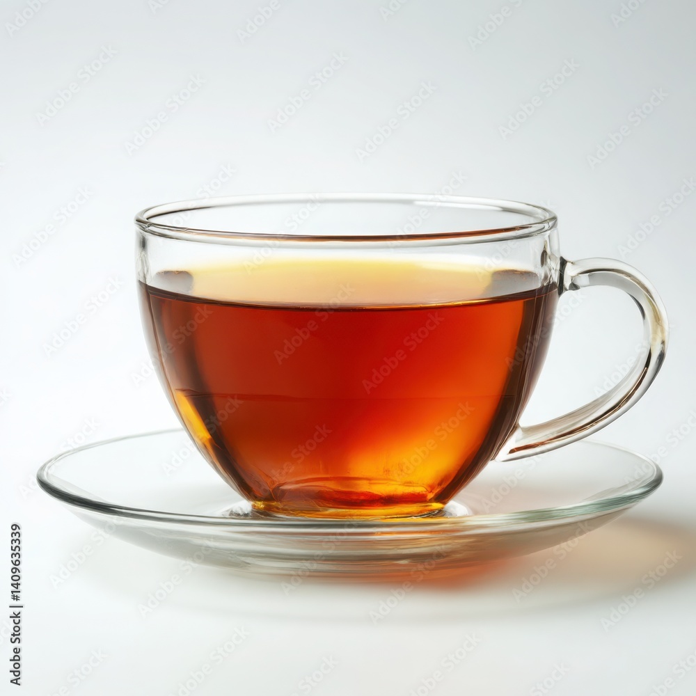 A clear cup filled with dark liquid resting on a clear saucer on white surface A clear cup filled with dark liquid resting on a clear saucer on white surface