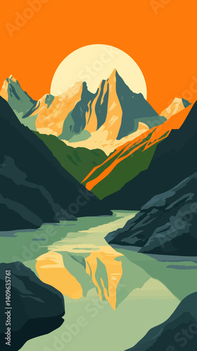 Stelvio National Park Art Deco Landscape Vector, Trentino-Alto Adige Italy