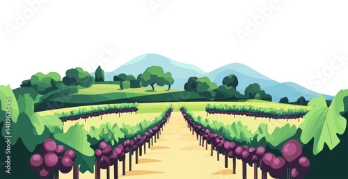 Vineyard Landscape Vector Illustration with 3D Smooth Cut and Paste Effect