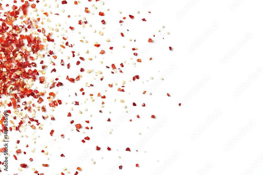 A small amount of chili and chili pieces scattered on a white background A small amount of chili and chili pieces scattered on a white background