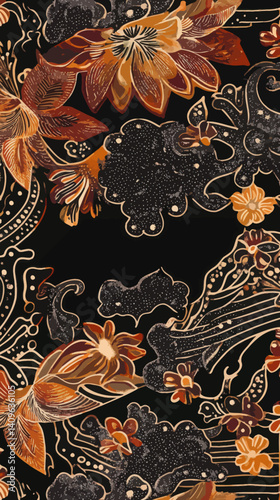 Elegant Indonesian Batik Floral Pattern Vector Illustration in Warm Tones