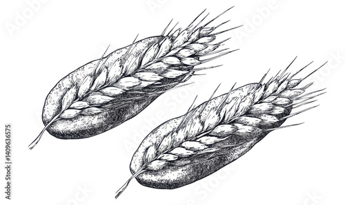 Vintage Wheat Ears and Bread Sketch Illustration in Engraving Style for Agricultural Concepts