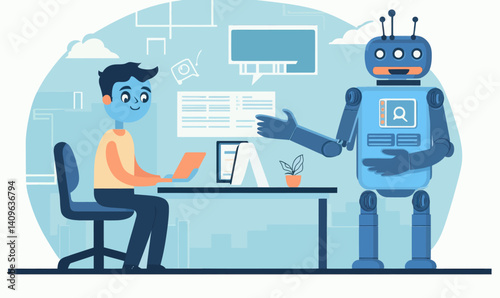 Illustration of Employee Interacting with AI Chatbot for Process Automation and Innovation