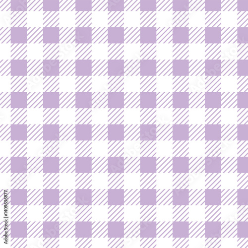Purple and white Gingham Check Pattern. Textile design of textured plaid. Checkered fabric pattern swatch for print, tartan, gift wrap, textiles, checkered background for tablecloth. Stripes crossed