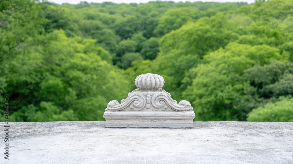 Ornate stone finial atop a wall, lush forest backdrop Ornate stone finial atop a wall, lush forest backdrop