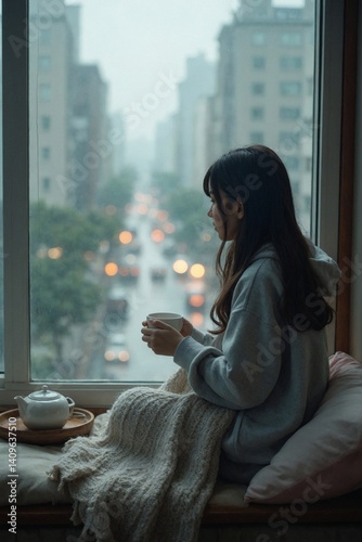 Teenage Japanese Girl Enjoying a Hot Drink by the Window on a Rainy Day in the City