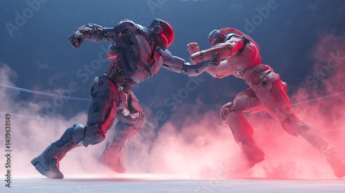 Two futuristic robots fighting each other in a battle arena video game esports competition scene render