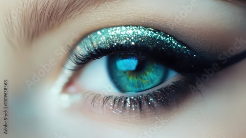 Close-up of a glamorous eye with shimmering silver glitter eyeshadow.
