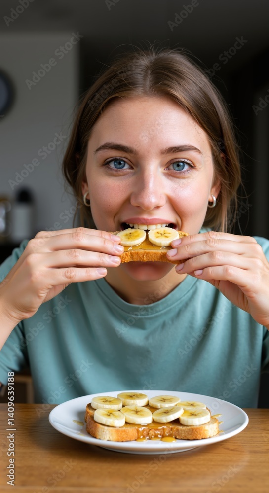 Hungry Woman Eating Toast with Sliced Banana for World Bee Day. Nutritious Breakfast or dessert snack, honey syrup. Healthy food for healthy lifestyle. Hungry Woman Eating Toast with Sliced Banana for World Bee Day. Nutritious Breakfast or dessert snack, honey syrup. Healthy food for healthy lifestyle.