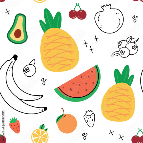 Seamless pattern with summer fruits. banana, lemon, watermelon, avacado, flat children's background with dessert, food. graphics for print, holidays, wallpaper, banner, surface texture, fabric. vector