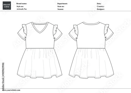 Baby girls dress design technical drawing fashion flat sketch vector illustration template with tech pack details