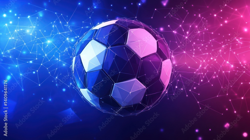 Naklejka premium Futuristic soccer ball, digital art, network background, sports promo