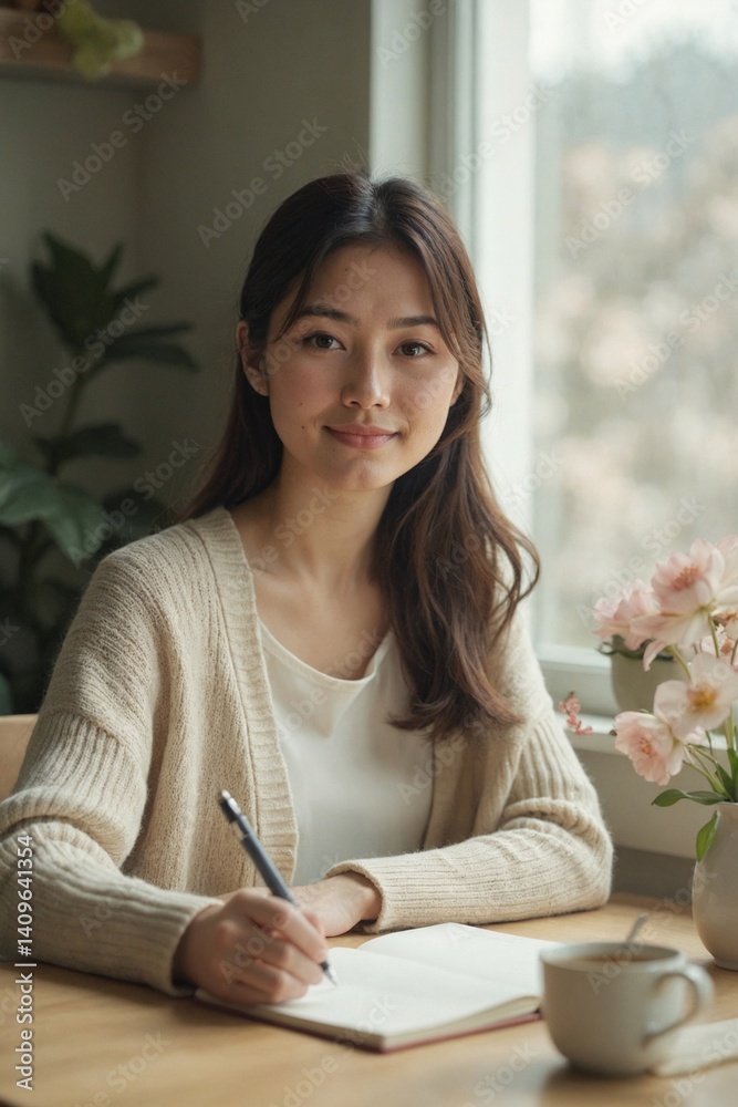 Serene Young Japanese Woman in Her Early Thirties Writing in a Notebook at a Bright Desk by a Window: Concept of Focused Work and Calm Productivity