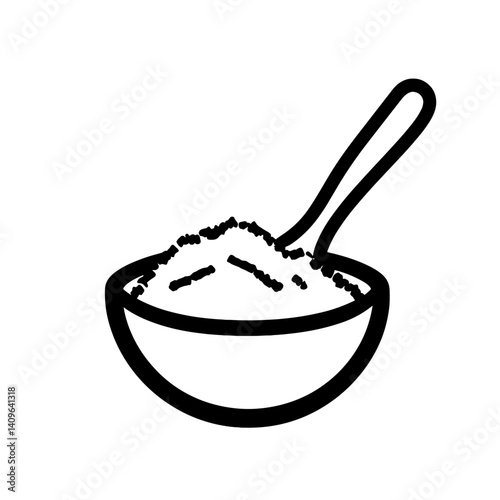 Simple black outline of a bowl with grains and spoon