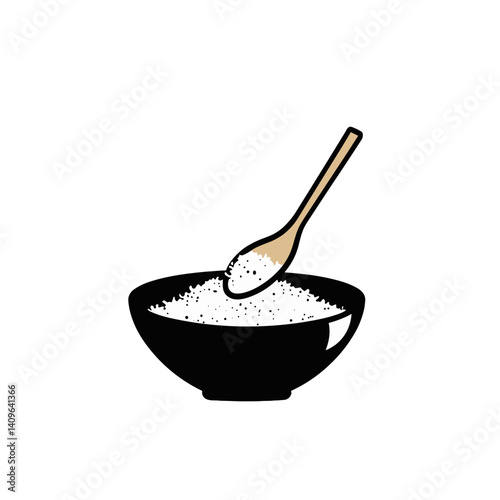 Black bowl with white grains and a wooden spoon