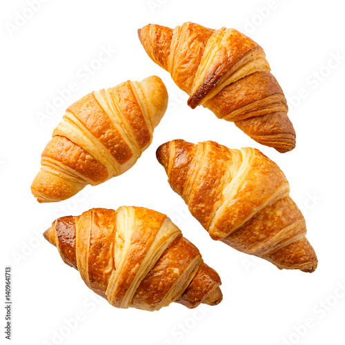 Four croissants are shown in a row, with the top one being the largest. The croissants are golden brown and appear to be freshly baked. Concept of warmth and comfort