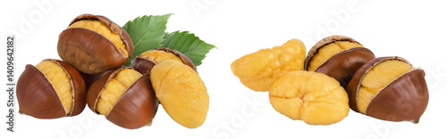 roasted peeled chestnut isolated on white background wit full depth of field.
