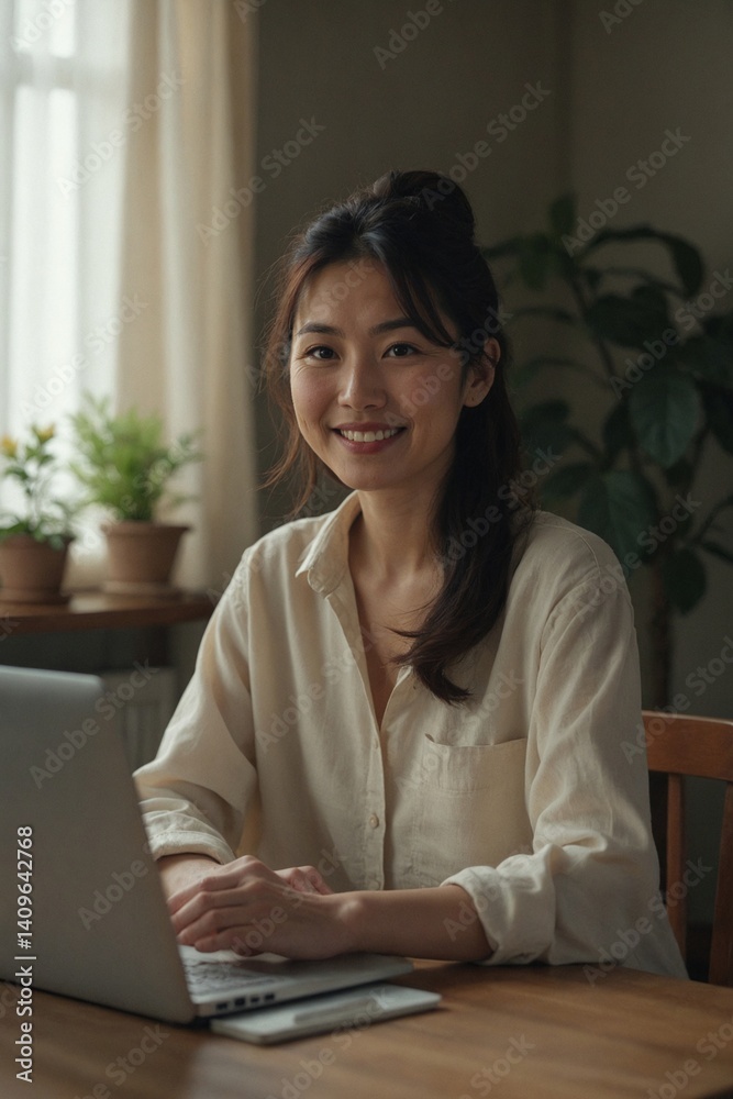 Cheerful Japanese Woman Enjoying Working from Home as a Writer, Sitting Comfortably at Her Desk with a Laptop in a Natural Light Setting Cheerful Japanese Woman Enjoying Working from Home as a Writer, Sitting Comfortably at Her Desk with a Laptop in a Natural Light Setting