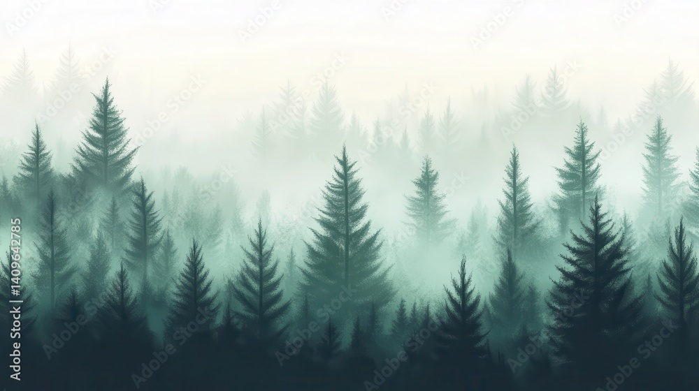 Fototapeta premium Misty forest landscape silhouettes in soft greens and greys.