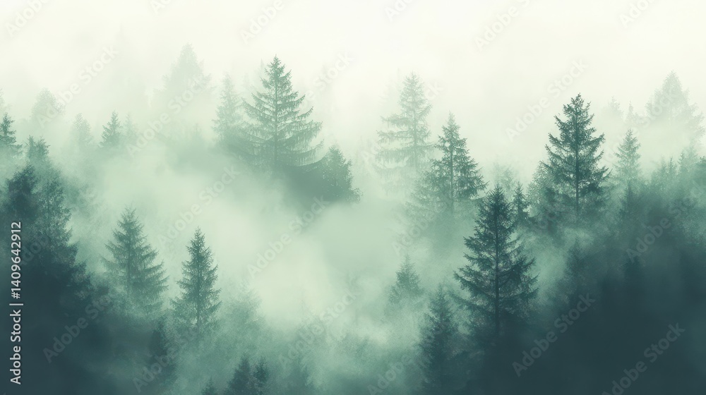 Fototapeta premium Misty evergreen forest at dawn.