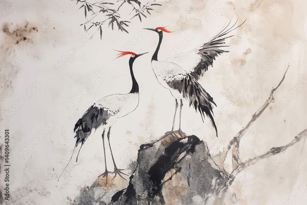 Obraz premium Graceful dancing cranes, traditional Chinese painting illustration