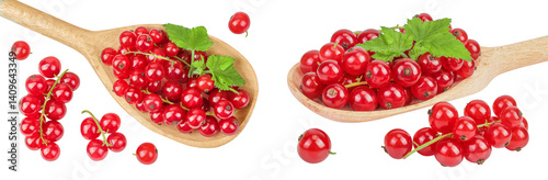 Obraz na płótnie Red currant berries in a wooden spoon with leaf isolated on white background. Top view. Flat lay w salonie