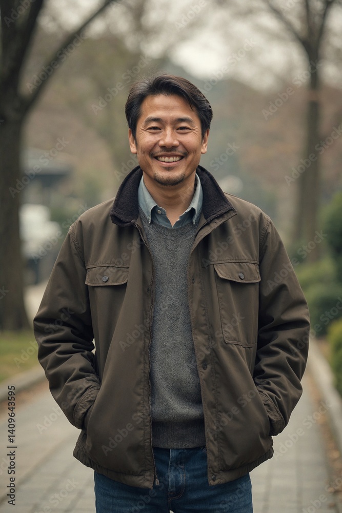 Cheerful Japanese Tour Guide Smiling Outdoors, Wearing a Casual Jacket and Jeans, Ready to Lead an Engaging Sightseeing Tour Cheerful Japanese Tour Guide Smiling Outdoors, Wearing a Casual Jacket and Jeans, Ready to Lead an Engaging Sightseeing Tour