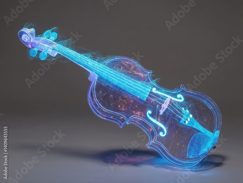 A visually striking and ethereal depiction of a stringed musical instrument, rendered with a luminous glow and outlined by digital effects.