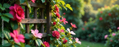 Enchanted flowers blooming on a wooden trellis, magic, vines, whimsy